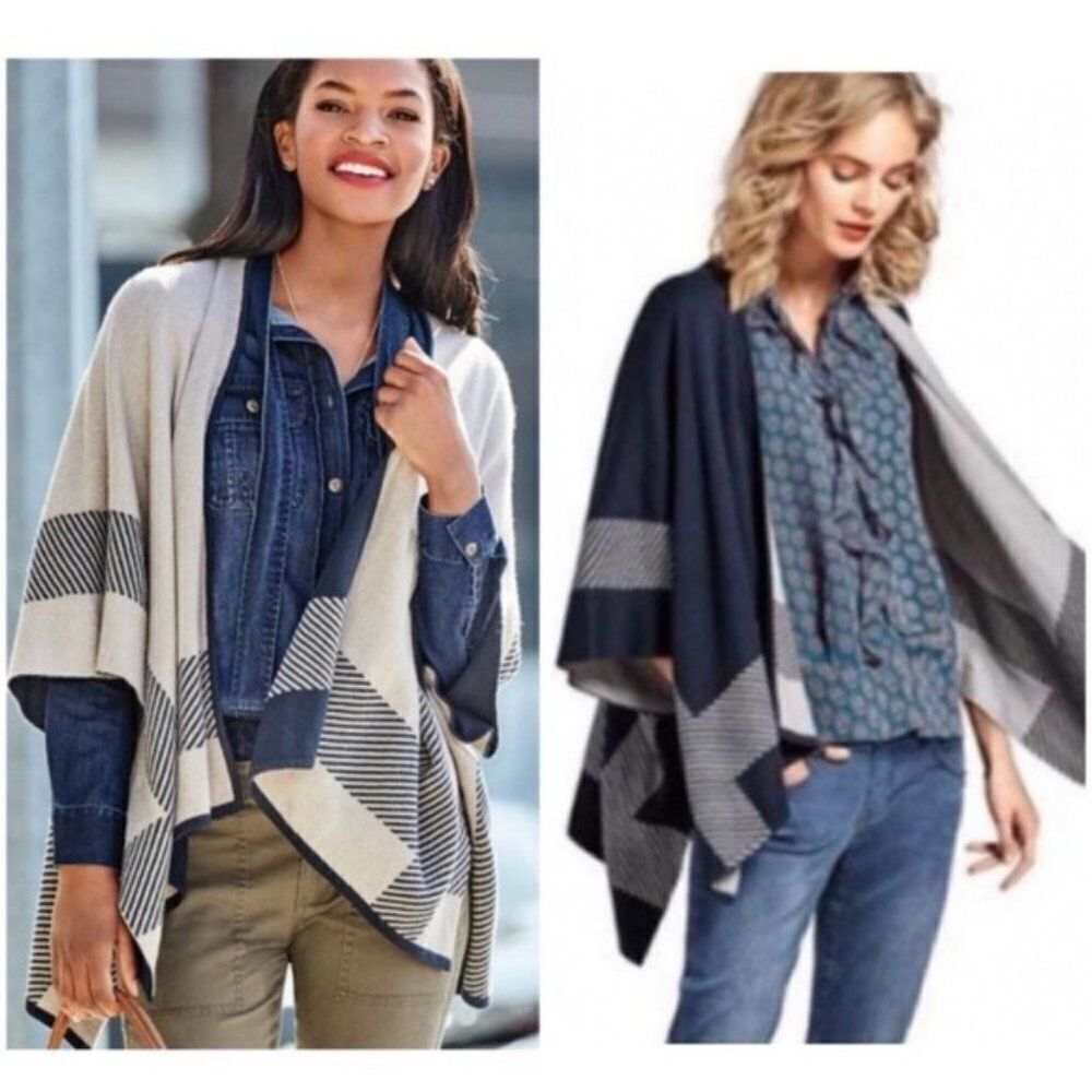 CABI Reversible Poncho Shawl Navy & Gray Sz M/L #3163 EUC